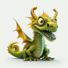  A Green Dragon With A Yellow Horn And A Big Smile On Its Face And Tail, Sitting Down And Looking At The Camera With A Big Smile On Its Face, With A White Background.  Generative Ai