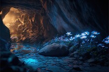  A Cave With Flowers Growing Out Of The Ground And A Light Coming From The Cave Door Is Shining On The Ground And The Cave Walls Are Dark And The Rocks Are Lit Up With Blue.  Generative Ai