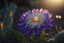  A Purple Flower With A Drop Of Water On It's Center Surrounded By Leaves And Rocks At Night Time With A Bright Light Shining On The Background Of The Petals And A Lens On The.  Generative Ai