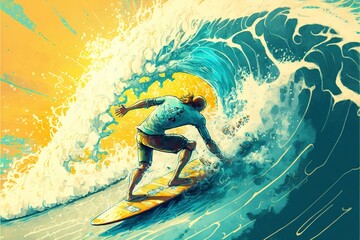 Sticker -  a man riding a wave on top of a surfboard in the ocean on a sunny day with a yellow sun behind him and a blue ocean wave.  generative ai