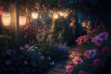  A Garden With Flowers And Lights In The Night Time Time Scene, With A Path Leading To A Fence And A Gate With Flowers And A Gate In The Background Is Lit Up With A.  Generative Ai