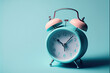 © God Image - Trendy Classic Alarm Clock Snoozing on Blue Pastel Background - Flat Lay Top View Mockup for Time Management and Sleep Aid