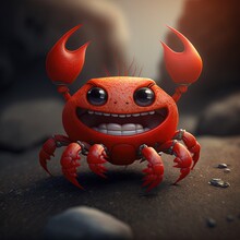  A Red Crab With Big Eyes And A Smile On Its Face, Sitting On A Rock With A Rock Background And A Rock In The Foreground With A Rock And A Few Rocks In The Background.  Generative Ai