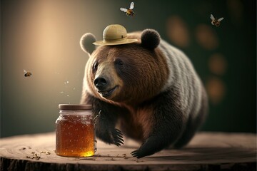  a bear with a hat on its head standing next to a jar of honey and bees flying around it on a wooden table with a dark background with a light spot of light and a.  generative ai