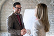 © Novak - Businessman and businesswoman handshaking in office