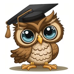 Wall Mural - a cartoon owl wearing a graduation cap and sitting down with a tassel on its head and eyes wide open