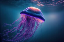  A Jellyfish In The Water With A Blue Background And A Pink Jellyfish In The Water With A Blue Background And A Pink Jellyfish In The Water.  Generative Ai