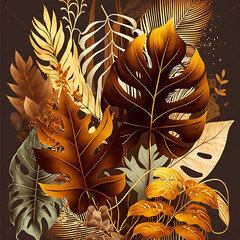 Sticker -  a painting of a bunch of leaves on a brown background with a black background and a white border with a gold border and a brown border.  generative ai