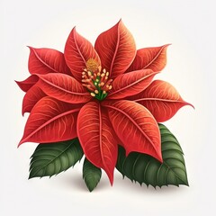  a red poinsettia with green leaves on a white background with a green stem and a yellow center with a yellow center and green leaf on the top of the poinset.  generative ai