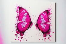  A Pink Butterfly With White Spots On It's Wings Is Shown In A White Frame With Pink And White Paint Splatters On It.  Generative Ai