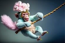  A Monkey With A Pink Hat And A Rope On Its Back Is Suspended In The Air With A Rope Attached To It's Back End And A String Attached To The Monkey's Neck.  Generative Ai