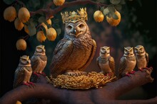  A Group Of Owls Sitting On Top Of A Tree Branch With A Crown On Top Of Them's Head And A Nest In The Middle Of The Branches With Eggs In Front Of Them.  Generative Ai