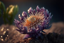  A Purple Flower With Water Droplets On It's Petals And A Green Plant Behind It On A Sandy Surface With A Dark Background And Light Colored Background, With Small Bubbles, With A.  Generative Ai