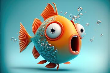 Wall Mural - Cute 3D Cartoon fish character. Generative AI