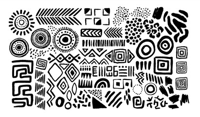 Wall Mural - Abstract black and white african art shapes collection, tribal doodle decoration set. Random ethnic shapes, animal print texture and traditional hand drawn icons.