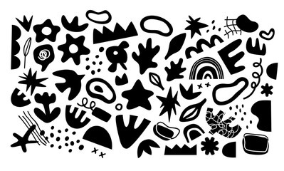 Set of black and white doodle, abstract icons on isolated background. Big element collection, unusual organic shapes in freehand art style. Includes bird, leaf, flower.