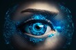 © Synesthesia AI Stock - Security access technology as eye scan and viewing digital information. Human eye with scanning for personality identification. Cyber security identity verification. Generative AI.