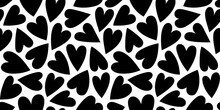 Black And White Love Heart Seamless Pattern Illustration. Cute Romantic Hearts Background Print. Valentine's Day Holiday Backdrop Texture, Romantic Wedding Design.	