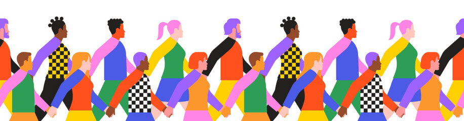 Wall Mural - colorful people group walking together holding hands seamless pattern. modern flat cartoon illustrat