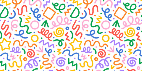 Wall Mural - Fun colorful line doodle seamless pattern. Creative minimalist style art background for children or trendy design with basic shapes. Simple party confetti texture, childish scribble shape backdrop.