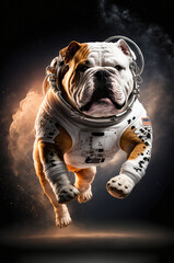 Generative AI illustration of English bulldog dog dressed as an astronaut