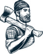 Axeman with ax in forest for logo of shop. Bearded lumberjack with axe in his hands for design of banner and label. Emblem of woodworker, logger or carpenter