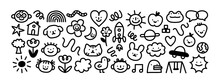 Black And White Children Cartoon Icon Collection. Set Of Funny Line Doodle Decoration On Isolated Background. Simple Kid Art Bundle Includes Child Character, Animal Symbol.