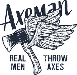 Wall Mural - Axeman ax. Flying hatchet or axe with wings for woodcutter and lumberjack. Timberman print