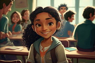 Illustrations of cartoonish diverse young people inside a classroom - Created with generative ai Technology