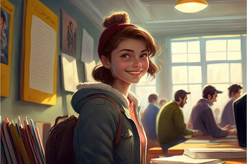 Illustrations of cartoonish diverse young people inside a classroom - Created with generative ai Technology