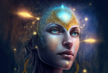 Wall Mural - starseed so beautiful with her activated pineal gland. concept. cosmic woman, esoteric, spirituality