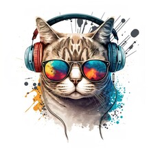 Dj In Cat With Headphones Color Illustration