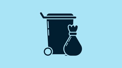 Wall Mural - Blue Trash can icon isolated on blue background. Garbage bin sign. Recycle basket icon. Office trash icon. 4K Video motion graphic animation