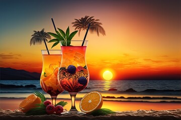 Poster -  two glasses of drinks on a beach with a sunset in the background and palm trees in the foreground, and a slice of orange and a half of a grapefruit in the.  generative ai