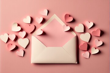  a envelope with hearts coming out of it on a pink background with a pink envelope and a pink envelope with a white envelope in the middle.  generative ai