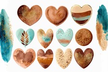  A Bunch Of Heart Shapes Painted In Different Colors And Sizes With Gold Glitters On Them, And A White Background With A Blue And Brown Design.  Generative Ai