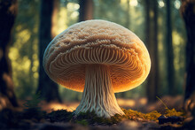 The Rare Edible Lion's Mane Mushroom / Hericium Erinaceus / Pruikzwam In The Forest. Beautifully Radiant Big Giant Mushroom. Generative Ai