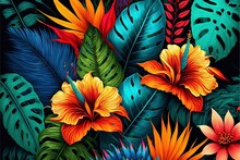  A Painting Of Tropical Flowers And Leaves On A Black Background With A Blue Sky In The Background And A Red And Yellow Flower In The Middle.  Generative Ai