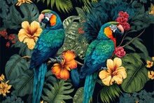  A Painting Of Two Parrots Sitting On A Branch With Tropical Flowers And Leaves In The Background, With A Black Background With Yellow And Red Flowers.  Generative Ai