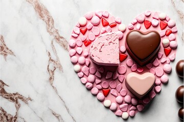 Sticker -  a heart shaped cake with candy hearts on it and a chocolate heart on top of it on a marble surface with marble background and marble floor.  generative ai