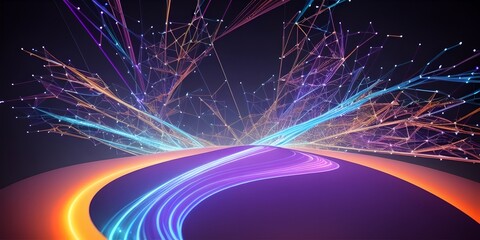  Abstract fiber optic lines with particles colliding, blue pink and orange CGI concept render, AI generated.
