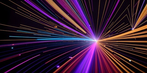 Wall Mural - Abstract fiber optic lines with particles colliding, blue pink and orange CGI concept render, AI generated