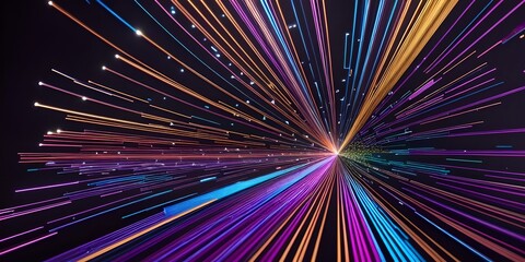 Wall Mural - Abstract fiber optic lines with particles colliding, blue pink and orange CGI concept render, AI generated