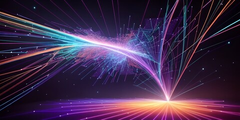 Wall Mural - Abstract fiber optic lines with particles colliding, blue pink and orange CGI concept render, AI generated