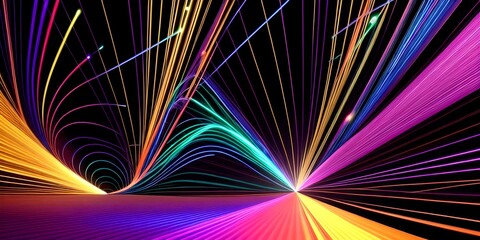 Wall Mural - Abstract fiber optic lines with particles colliding, blue pink and orange CGI concept render, AI generated