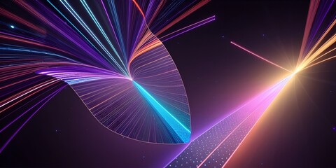 Wall Mural - Abstract fiber optic lines with particles colliding, blue pink and orange CGI concept render, AI generated