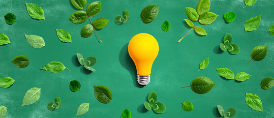 Wall Mural - Yellow light bulb with green leaves