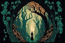 A Fairytale Illustration Of An Enchanted Forest, Fantasy, Epic, Tale, Vintage. Generative AI