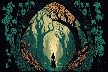 A fairytale illustration of an enchanted forest, fantasy, epic, tale, vintage. Generative AI