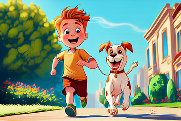 Cartoon illustration of happy boy and dog running in the street in the direction of point of view.